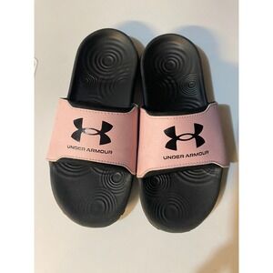 Under Armour Slides Sandals Kids‎ Pink Black Logo Comfort Slip On Girl Size 3Y